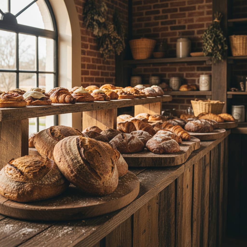 Artisan bakery counter with freshly baked sourdough loaves and pastries